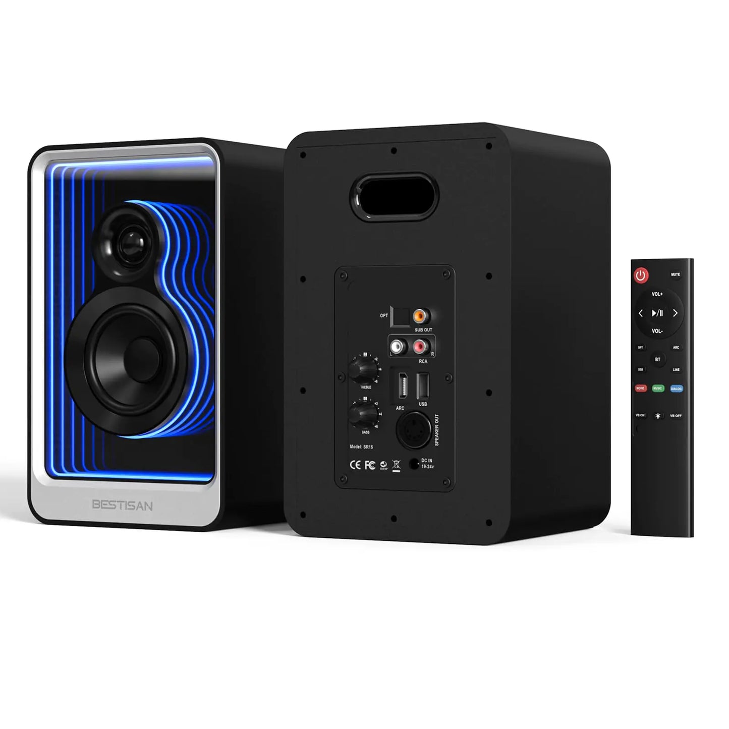 BESTISAN 80 Watts Powered Bookshelf Speakers with Light Effects 2.0 Active Near Field Audio Speaker with ARC/Optical/RCA Input/Sub Out for PC/TV/Record Player Wooden Enclosure Bass Adjustable