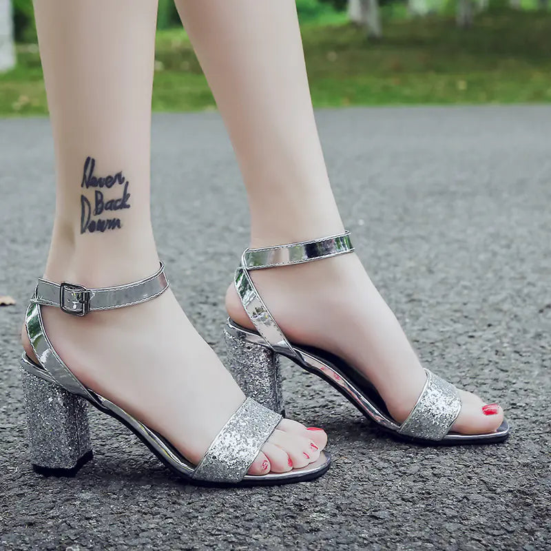 Korean Style Open Toe Chunky Heel Rhinestone Pumps