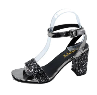 Korean Style Open Toe Chunky Heel Rhinestone Pumps