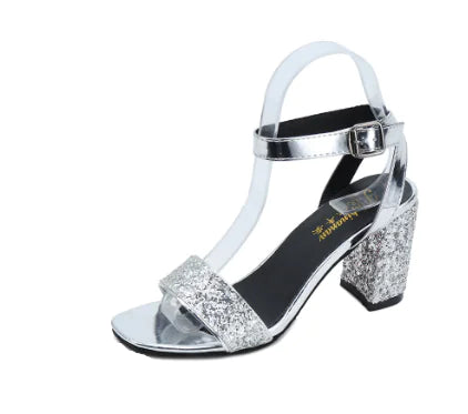 Korean Style Open Toe Chunky Heel Rhinestone Pumps