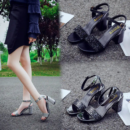 Korean Style Open Toe Chunky Heel Rhinestone Pumps