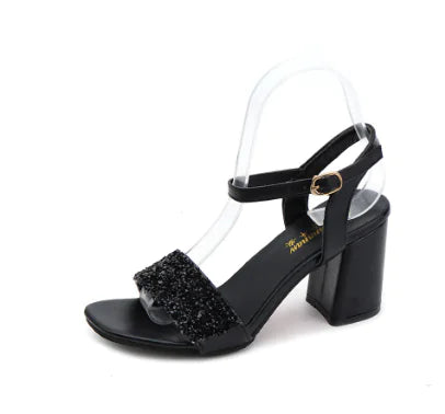 Korean Style Open Toe Chunky Heel Rhinestone Pumps